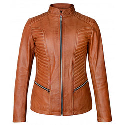 Luxurious Brown Leather Racer Jacket for Women