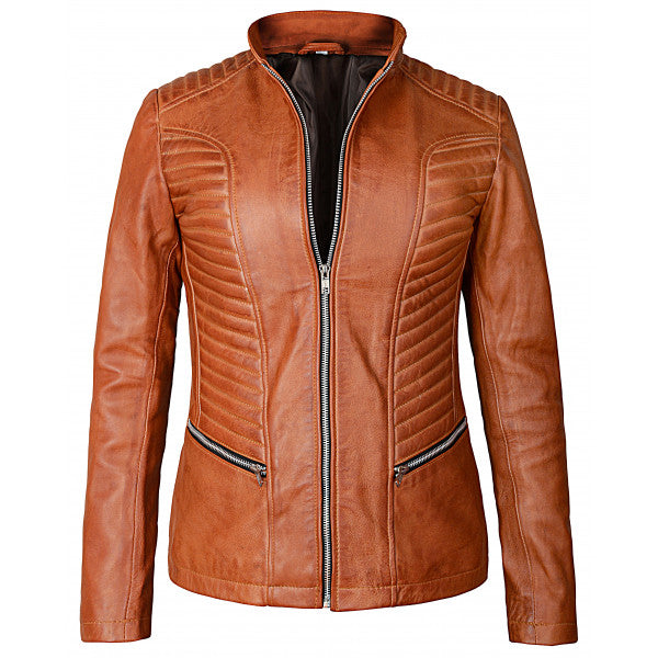 Luxurious Brown Leather Racer Jacket for Women