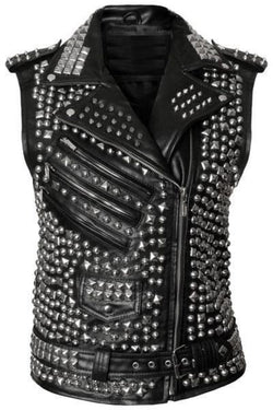 Black Leather Studded Vest with Zippers