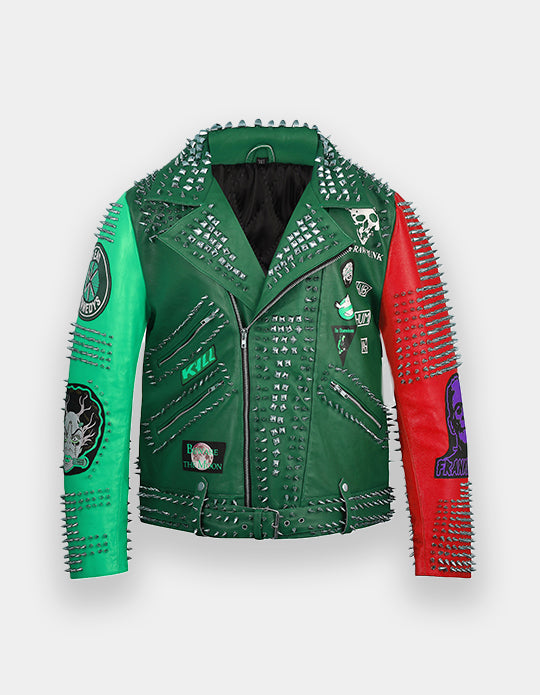 Punk Rock Gothic Studded Jacket, Steampunk Patches Motorbike Cowhide Leather Jacket, Men's Handmade Brando Heavy Metal Jacket,