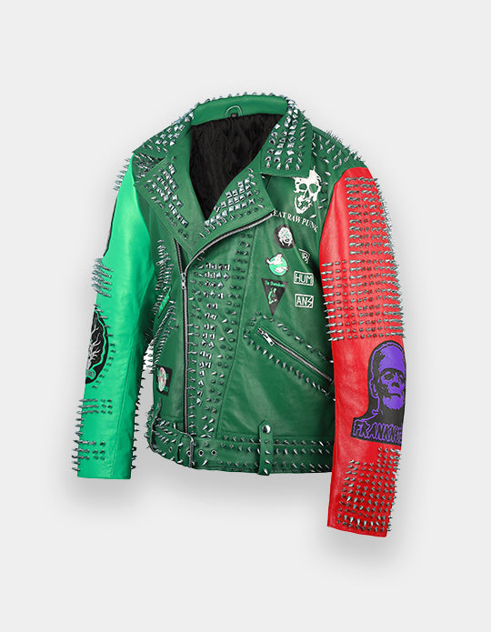 Punk Rock Gothic Studded Jacket, Steampunk Patches Motorbike Cowhide Leather Jacket, Men's Handmade Brando Heavy Metal Jacket,