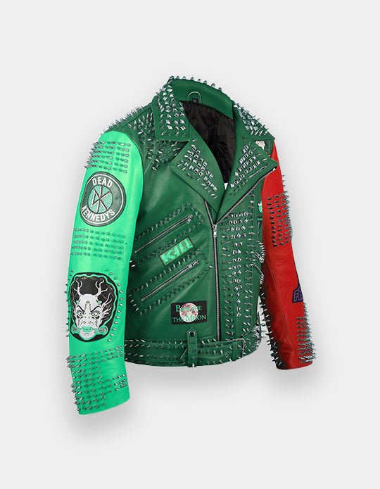 Punk Rock Gothic Studded Jacket, Steampunk Patches Motorbike Cowhide Leather Jacket, Men's Handmade Brando Heavy Metal Jacket,