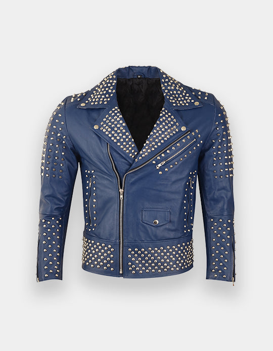 Men's Studded Navy Leather Jacket, Men Spikes and Studs jacket, Men fashion wear jacket, Punk Party