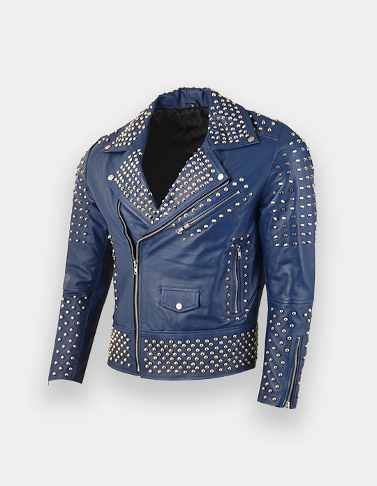 Men's Studded Navy Leather Jacket, Men Spikes and Studs jacket, Men fashion wear jacket, Punk Party
