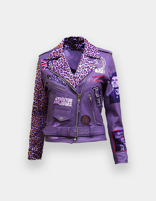 Purple Suede Leather Women Patches, Bachelor's Party Biker Fashion, Vampira Patchwork, Cow Leather Lemmey Jacket, Handmade Women Outfit,