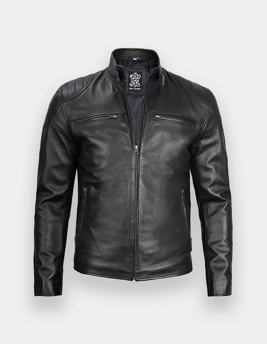 Black Real Leather Cafe Racer Jacket