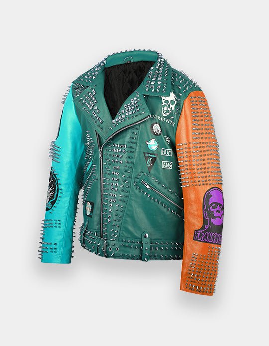 Green Studded Leather Jacket, Men's Brando Multicolor Belted Gothic Steampunk Jacket, Pin and Badges Collar Leather Jacket, Punk studwork