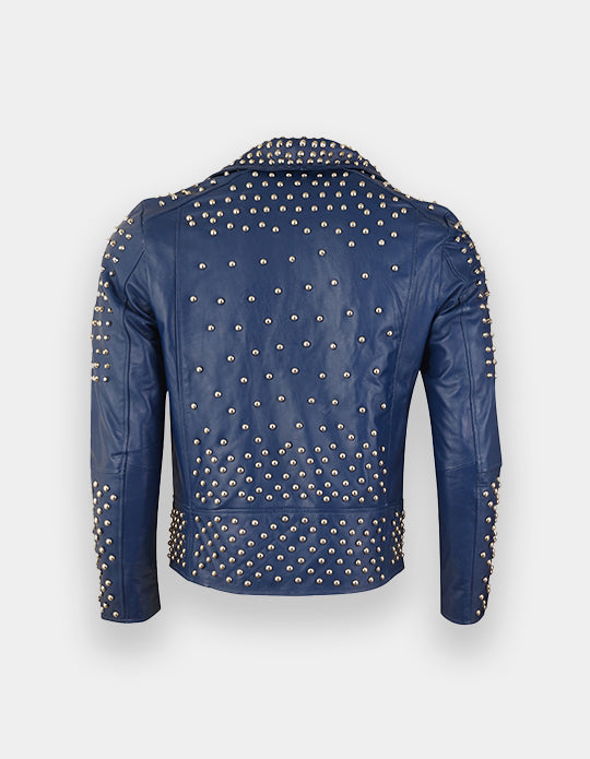 Men's Studded Navy Leather Jacket, Men Spikes and Studs jacket, Men fashion wear jacket, Punk Party