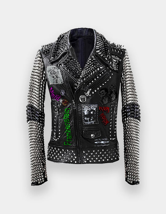 Black Leather Patches Gothic, Alice Cooper Punk Rock, Jacket Men Spiked, Misfit Long Spiked, Rivets Studded Jacket, Ramones Men Outfit,