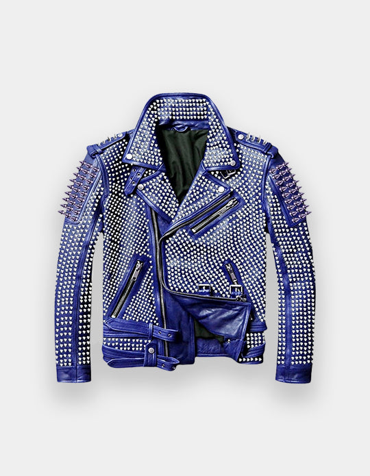 Brando Blue Full Silver Studded Biker Jacket