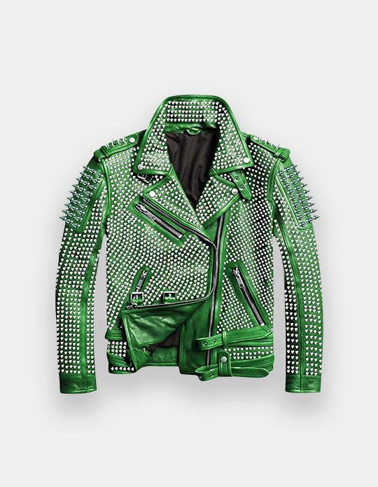Brando Green Full Silver Studded Biker Jacket
