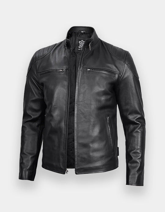 Black Real Leather Cafe Racer Jacket