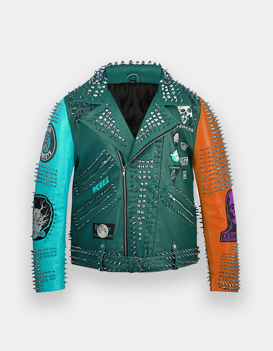 Green Studded Leather Jacket, Men's Brando Multicolor Belted Gothic Steampunk Jacket, Pin and Badges Collar Leather Jacket, Punk studwork