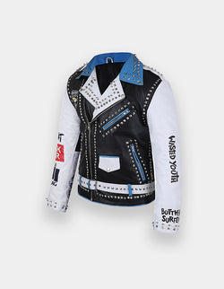 Men's Multi Color Brando Jacket, Genuine Cow Skin Leather Waist Belt Jacket, Punk Studded Jacket, Lapel Collar Shoulder Epaulets Jacket,