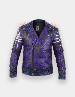 Men's Purple &amp; Green Studded Leather Jacket with Patches
Brando Style | Belted Collar Waist | Stylish Motorbike Jacket