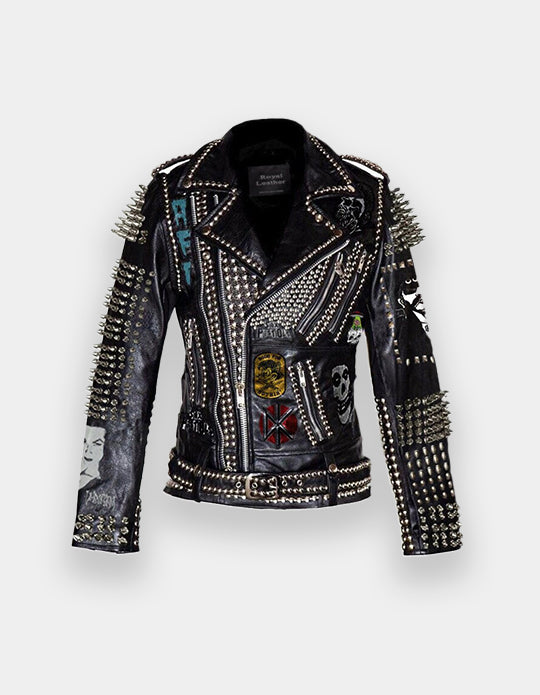 Women's Personalized Steampunk Spiked Studded Cow Skin Leather Brando Handmade Patches Punk Jacket