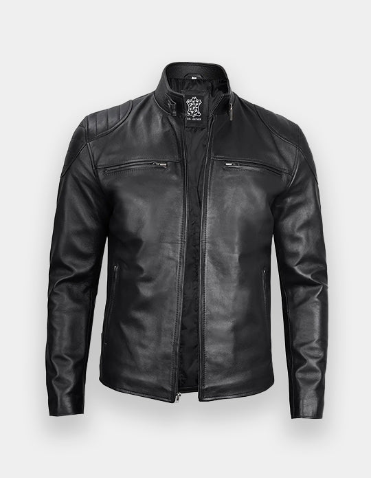 Black Real Leather Cafe Racer Jacket