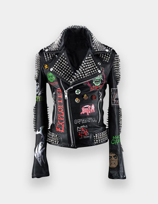 Black Leather Patches Gothic, Alice Cooper Punk Rock, Jacket Men Spiked, Misfit Long Spiked, Rivets Studded Jacket, Ramones Men Outfit,