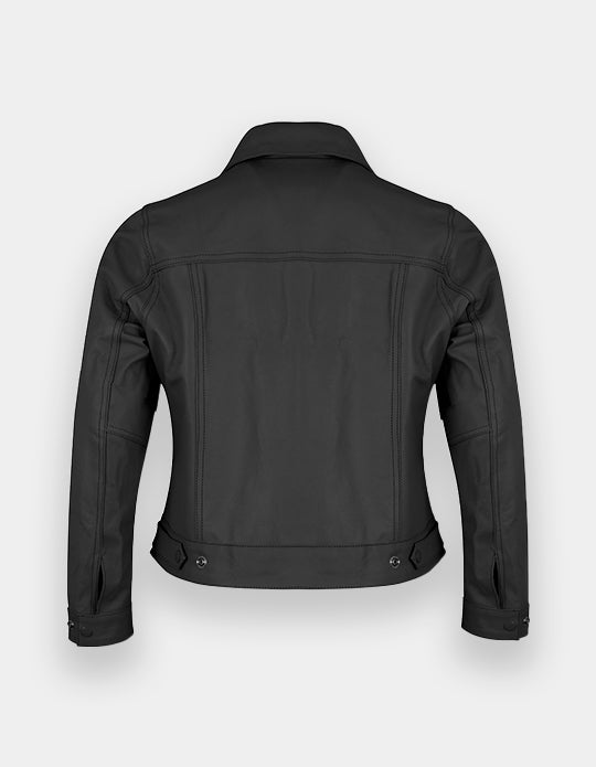 Women's Black Leather Trucker Jacket Classic Western Casual Denim Jeans Jacket, Chaqueta de cuero estilo camionero.