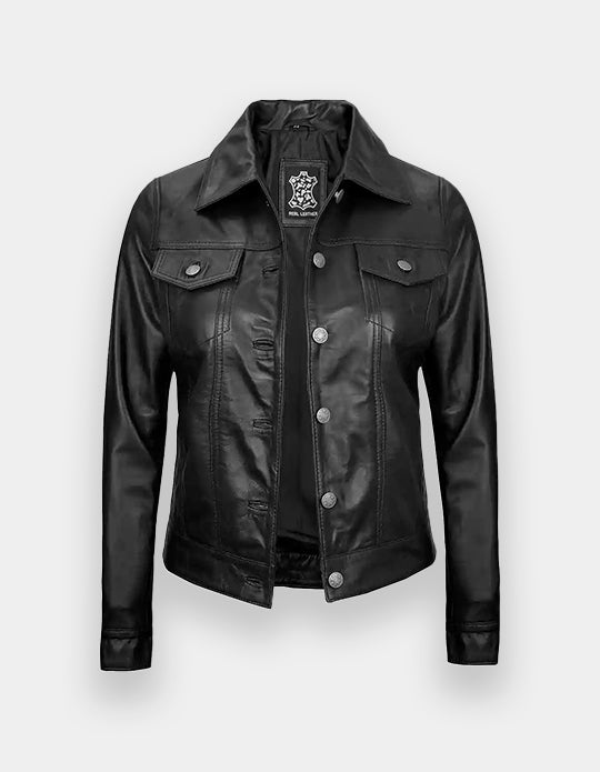 Women Black Trucker Leather Jacket