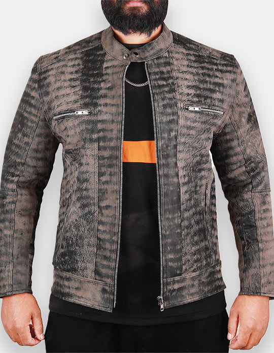 Distressed Leather Jacket for Men | Vintage-Style Bomber Jacket with Textured Leather and Zipper Pockets | Trendy Gift for Him.