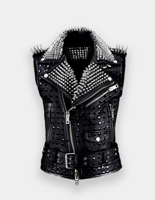 Latest Black Silver studded Brando Belted Leather Jacket Silver Spike Studded Leather Brando Jacket Spiked Men Leather Jacket Gents Biker Vest Jacket