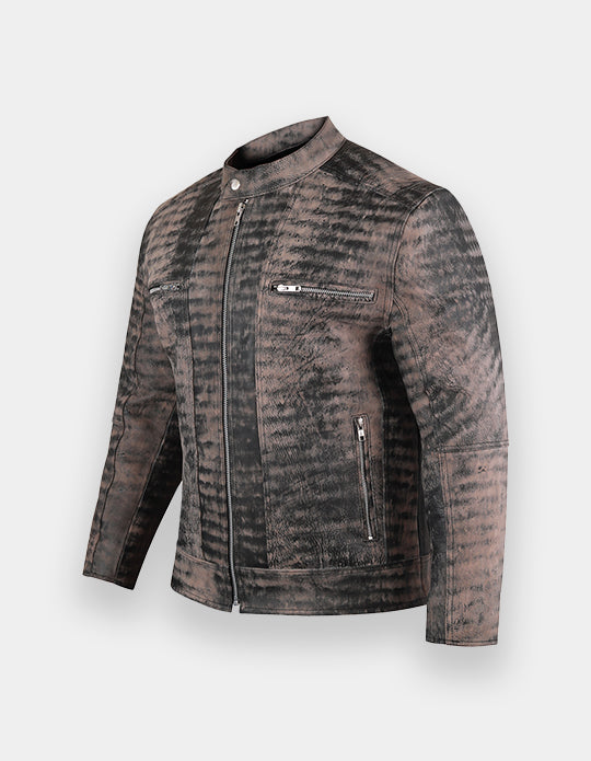 Distressed Leather Jacket for Men | Vintage-Style Bomber Jacket with Textured Leather and Zipper Pockets | Trendy Gift for Him.