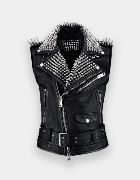 Latest Black Brando Belted Leather Jacket Silver Black Spike Studded Leather Brando Jacket Spiked Women Leather Jacket Ladies Biker Jacket