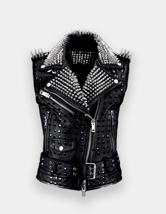 Latest Black Brando Belted Leather Jacket Silver Black Spike Studded Leather Brando Jacket Spiked Women Leather Jacket Ladies Biker Jacket