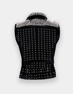 Latest Black Brando Belted Leather Jacket Silver Black Spike Studded Leather Brando Jacket Spiked Women Leather Jacket Ladies Biker Jacket