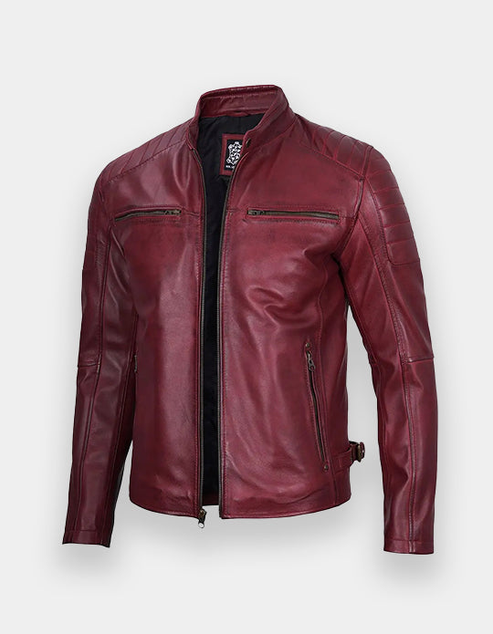 Maroon Cafe Racer Leather Jacket for Men