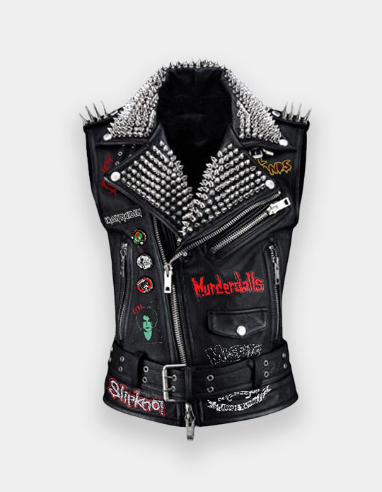 Black Leather VEST Black Studs HANDMADE Men Black Punk Silver Long Spiked Studded Leather Buttons Up Vest Black Studs and Spikes Black Leather Made to Orders Studs Spike