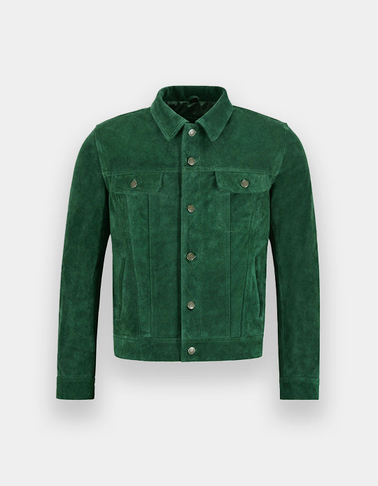 Men's Green Suede Leather Shirt - Handmade Sheepskin Jacket Shirt, Trucker Suede Jacket