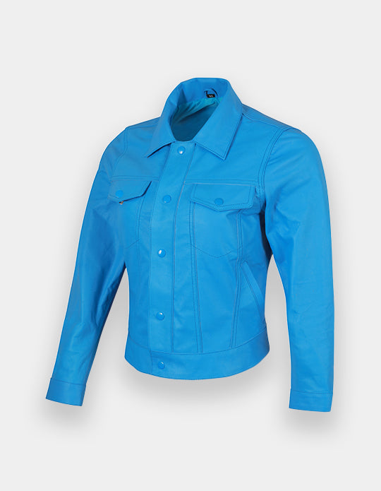 Women's Trucker Leather Jacket Classic Western Shirt Style Sky Blue Fashion Leather Jacket, Chaqueta de ante camionero para mujer