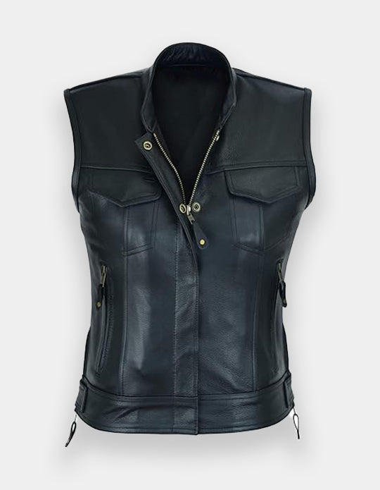 Women's Top Grain Cowhide Club Style Motorcycle Soft thick Leather Vest