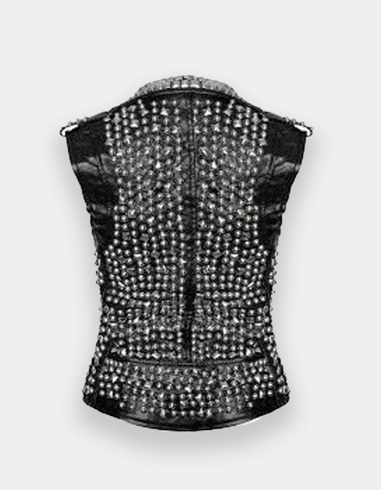 Women Leather Studded Vest, Handmade Woman Studded Leather Vest, Black Spike Belted Studs Zipper Brando Leather Vest Pocket made to order