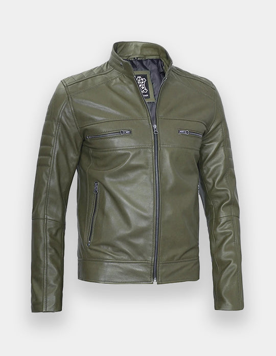 Austin Men Cafe Racer Dark Green Real Leather Jacket