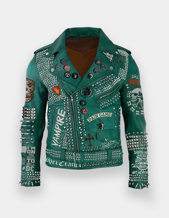 Green Studded Leather Women, Punk studded leather Jacket Handmade with Cow Leather, Pins and Patches Studded Leather Club Wears Jacket,
