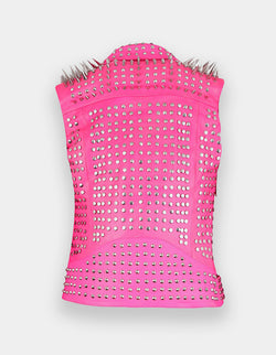 VEST JACKET HANDMADE Men Pink Punk Silver Long Spiked Studded Leather Buttons Up Vest Silver Studs and Spikes Black Leather Made to Orders Studs Spike