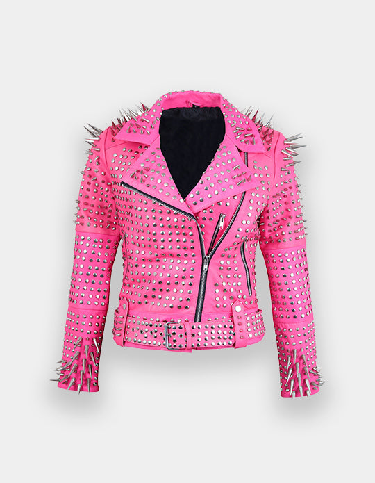 Women Genuine Cow Hide Leather Studded Jacket made with 100 % Top Quality Leather