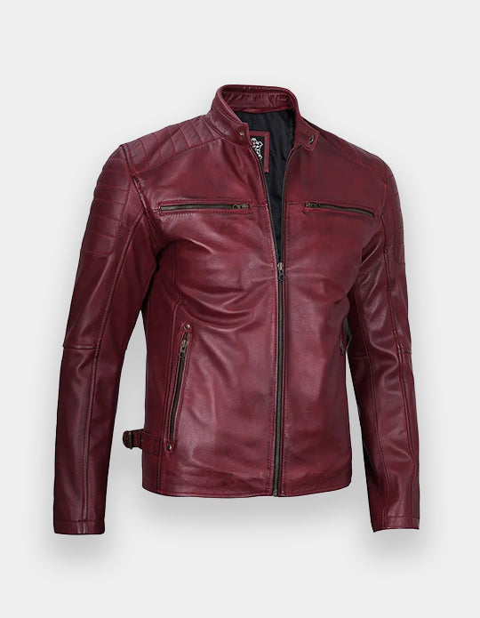 Maroon Cafe Racer Leather Jacket for Men