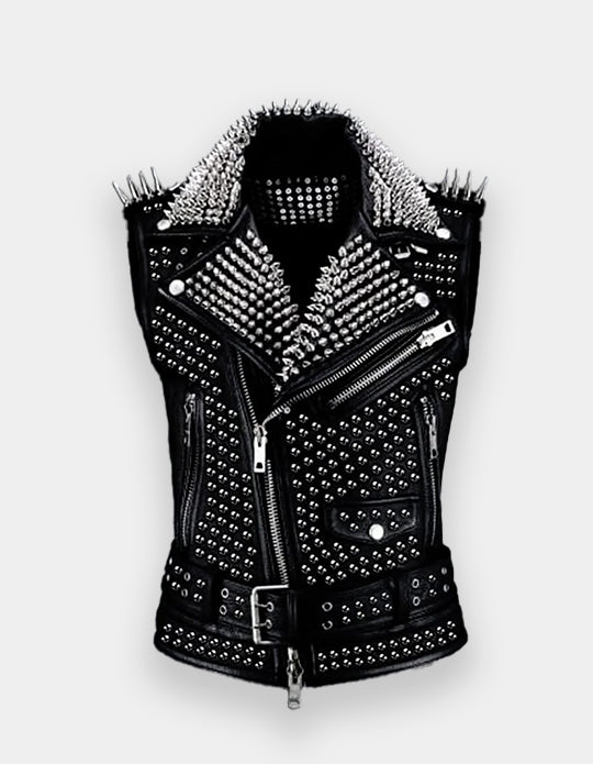 Bikers Leather Vest Jacket, Handmade Spiked Punk Vest, Men Belted Vest, Personalized Motorbike Brando Zipper Heavy Studs Vest,