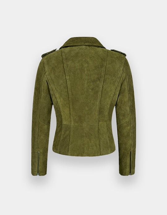 New Women's Biker Suede Leather Jacket Olive Suede Classic Fashion Casual Jacket, Chaqueta de ante en marrón oscuro.