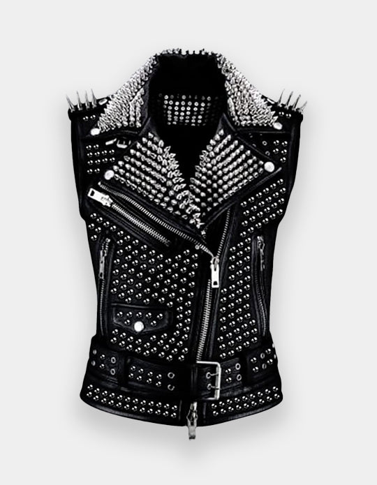 Latest Black Brando Belted Leather Jacket Silver Black Spike Studded Leather Brando Jacket Spiked Women Leather Jacket Ladies Biker Jacket