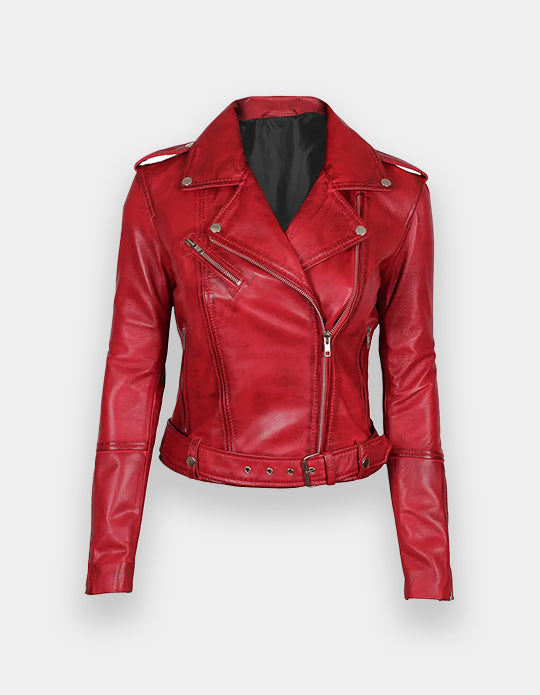 Red Ladies Biker Leather Jacket