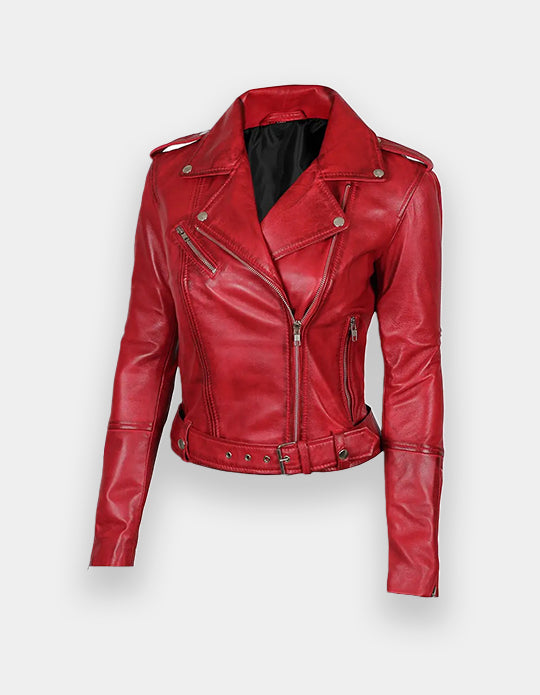 Red Ladies Biker Leather Jacket