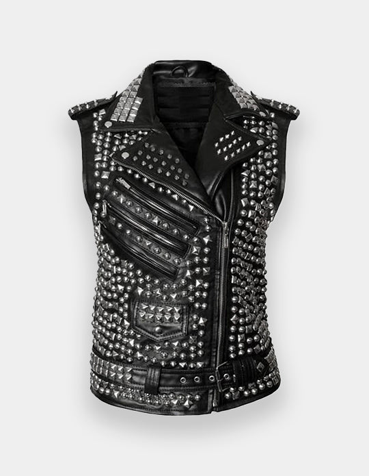 Women Leather Studded Vest, Handmade Woman Studded Leather Vest, Black Spike Belted Studs Zipper Brando Leather Vest Pocket made to order