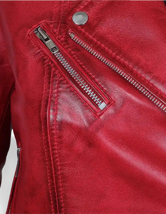 Red Ladies Biker Leather Jacket