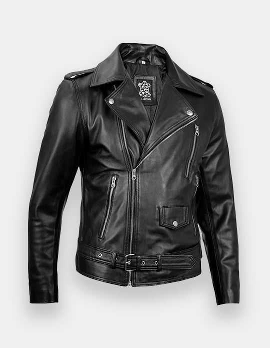 Men's Black Belted Moto Leather Jacket - Biker Style