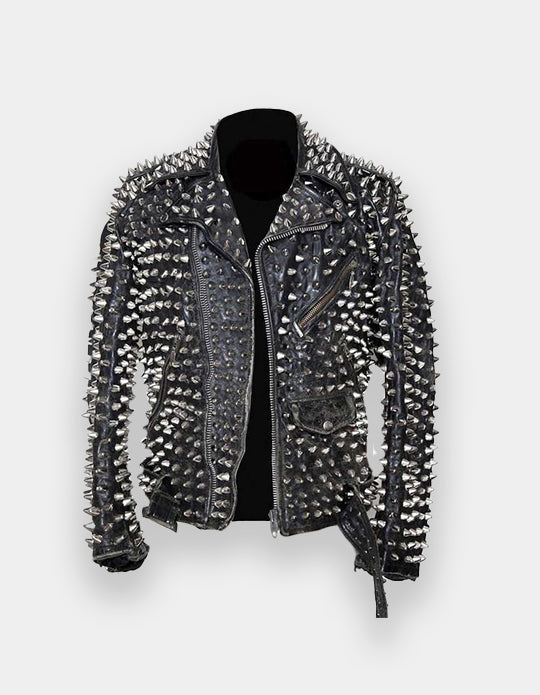 Studded Fashion Jacket Punk Men's Cow Leather, Silver Heavy Metal Spiked Stud Work, Biker Slim Fit Jacket, Studded biker Jacket, Spiked